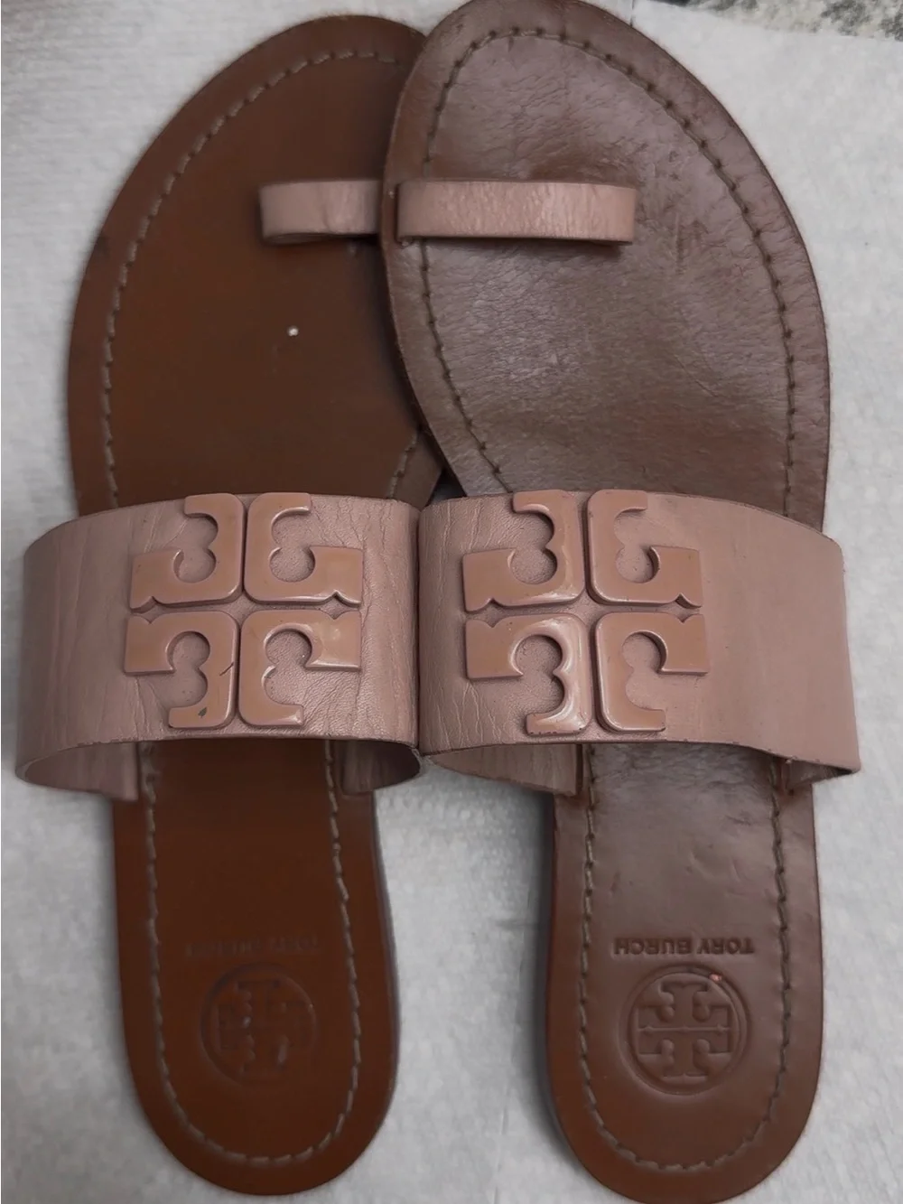 Tory Burch Blush Pink Leather Logo Slide Sandals
